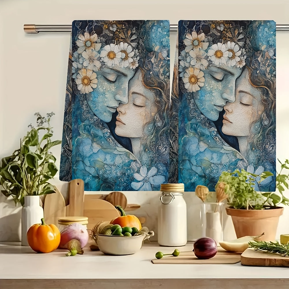 Two pieces of ultra soft kitchen towels featuring the "Serenity of Love" artistic design. These highly absorbent and machine washable dish hand towels measure 40.64x60.96 cm. Perfect for contemporary coastal decor, these towels feature a floral and