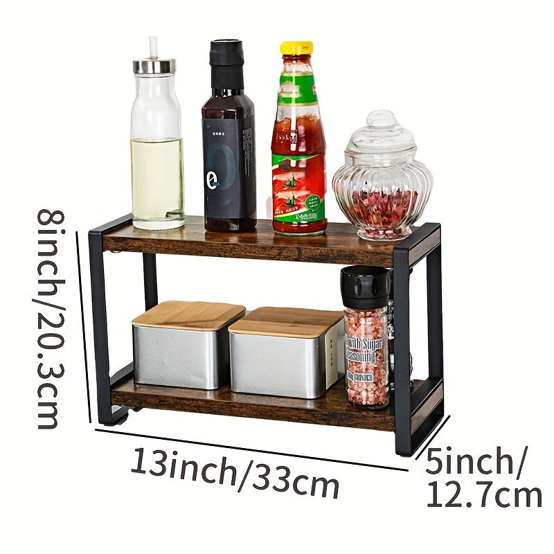 Multi-Purpose Rustic Brown 2-Tier Spice Rack Organizer - Ideal for Kitchen, Coffee Station, and Bathroom Storage on Countertop