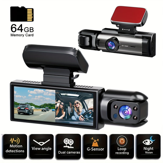 3.16-inch IPS screen dual-recording A9 driving recorder with 64G memory card captures front and interior views.