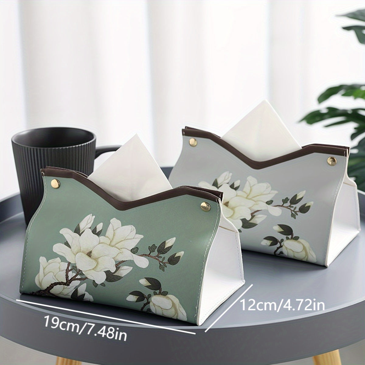 PU leather tissue box with floral print, suitable for bathroom or living room décor.