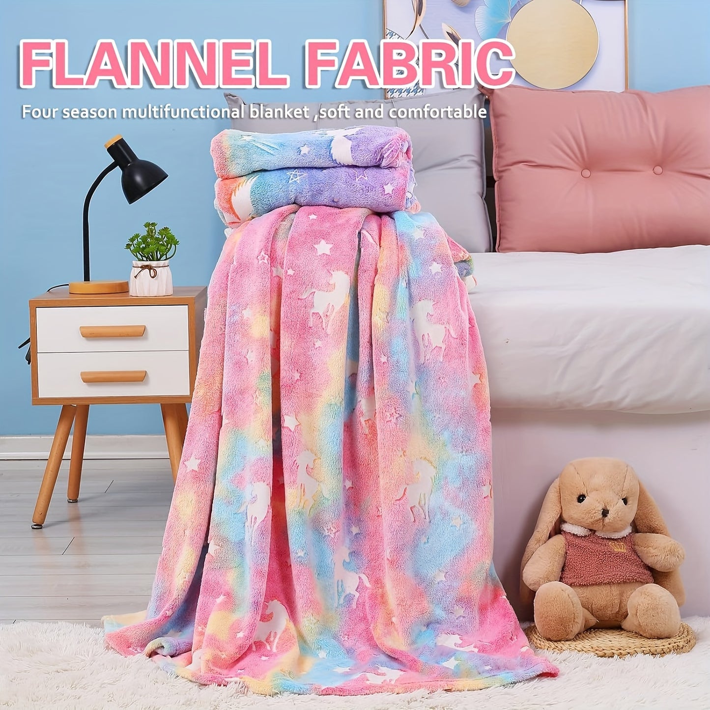 Bohemian Style Unicorn Glow in the Dark Throw Blanket for Kids - Soft Flannel Fleece, Great for Sofa, Bed, Car, and Office - Perfect Birthday Gift with Versatile Use - Machine Washable Polyester Blanket, Luminescent Anime Design, 250-300g