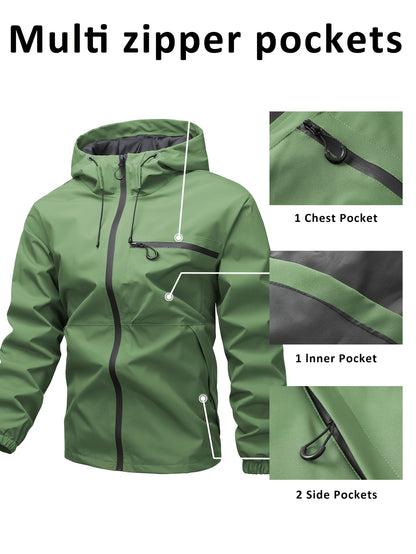 Outdoor men's jacket 1825 with windproof and waterproof design, hood, solid color, and multi-pocket.