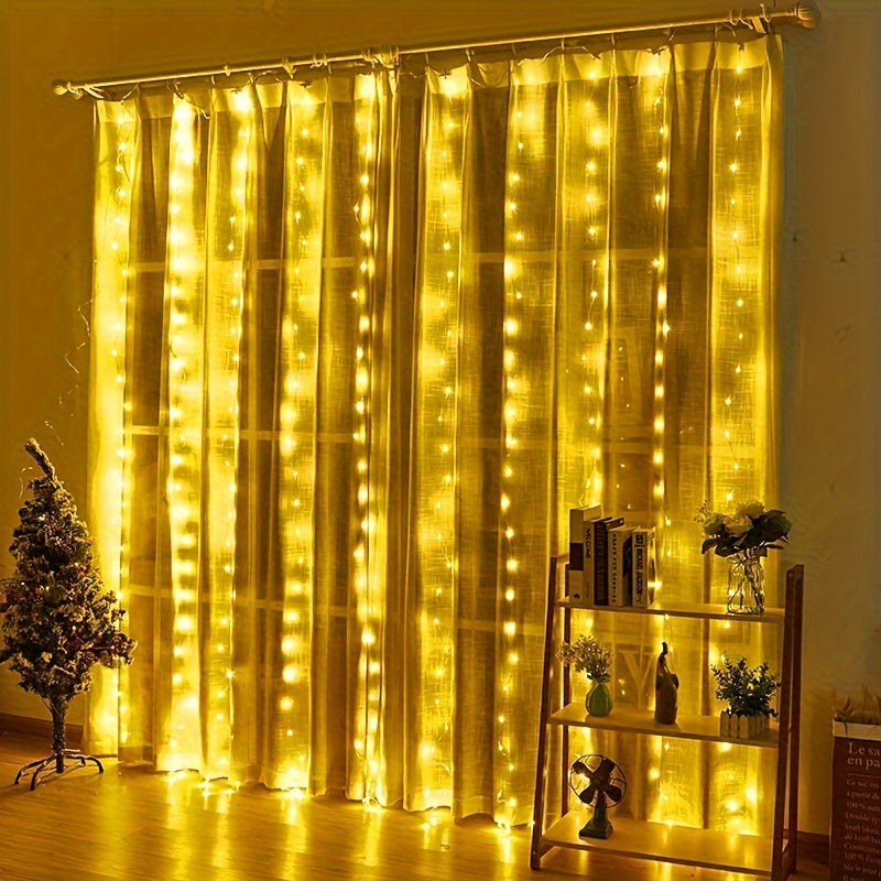 Fairy curtain lights with remote, USB-powered. 8 warm white LED modes for bedroom, indoor decor, weddings & parties.