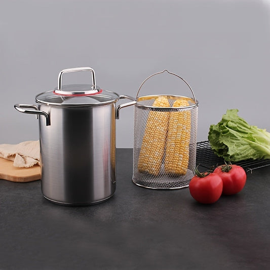 Set of stainless steel fryer pot with basket, versatile deep soup cooking pot perfect for frying, boiling, and stewing. This kitchen cookware is ideal for induction cooktops and includes an asparagus/spaghetti pot. A must-have for family cooking, no