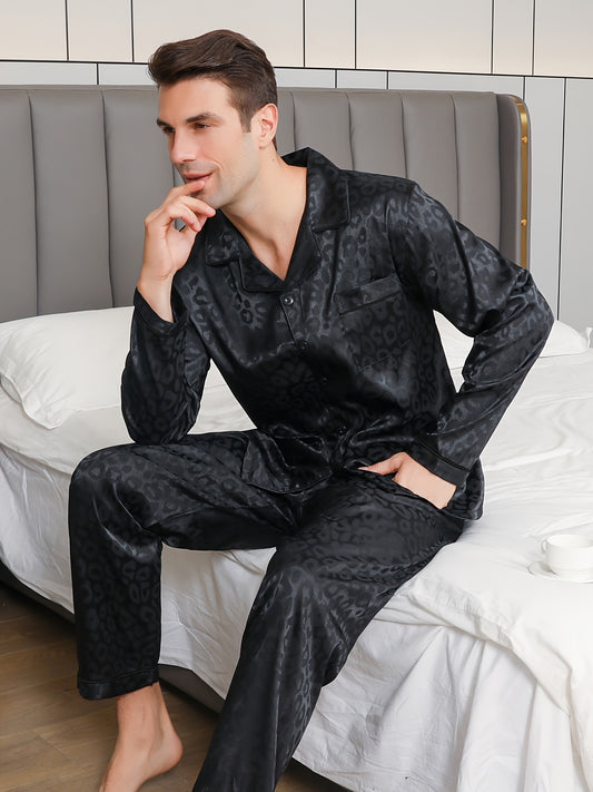 Men's two-piece leopard print loungewear for fall, suitable for spring and autumn, can be worn outside.