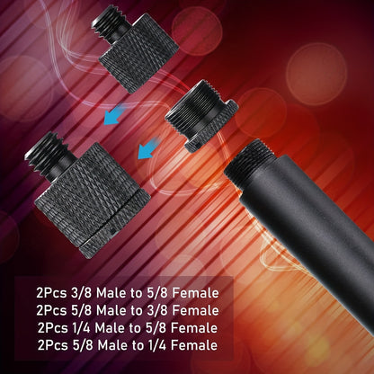 Set of 8 mic stand adapter pieces, featuring various female to male thread sizes for microphone compatibility.