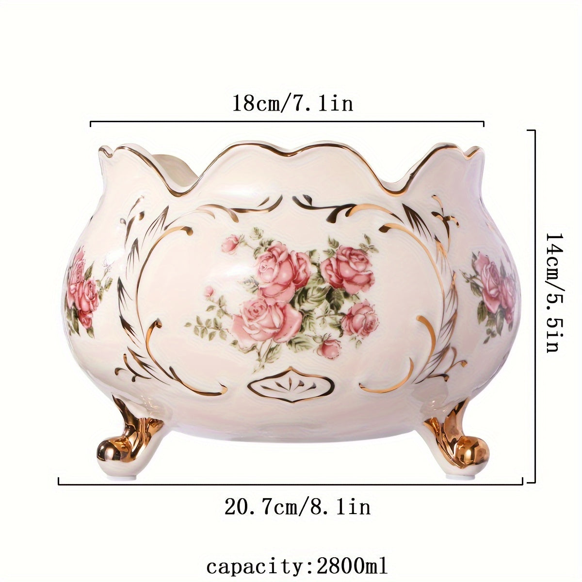 Luxurious European-style Ivory White Ceramic Bucket with Rose Design - 2800ml, Golden Rim, Versatile for Fish Tanks, Plants, Fruit Displays, Desk Organization in Home or Office.