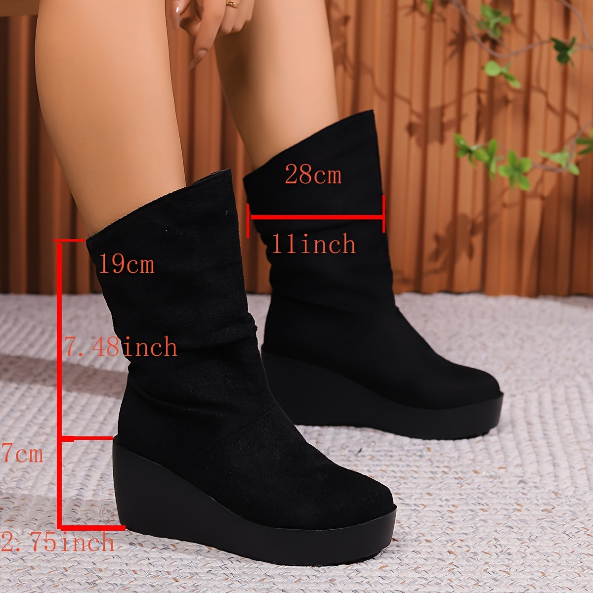 Women's Solid Color Fuzzy Boots with Slip On Platform Sole, Warm Lined Winter Round Toe Wedge Boots.