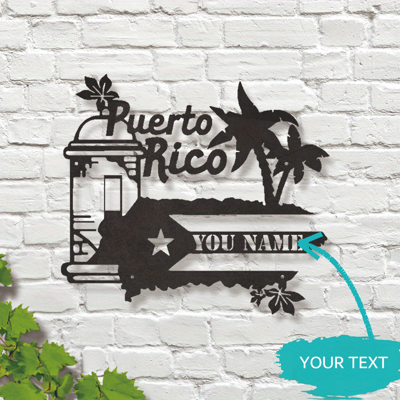 Personalized Name and Text Metal Sign featuring Custom Puerto Rico Flag Design - Stylish Wall Art for Home and Nursery Decor, Suitable for Indoor and Outdoor Use