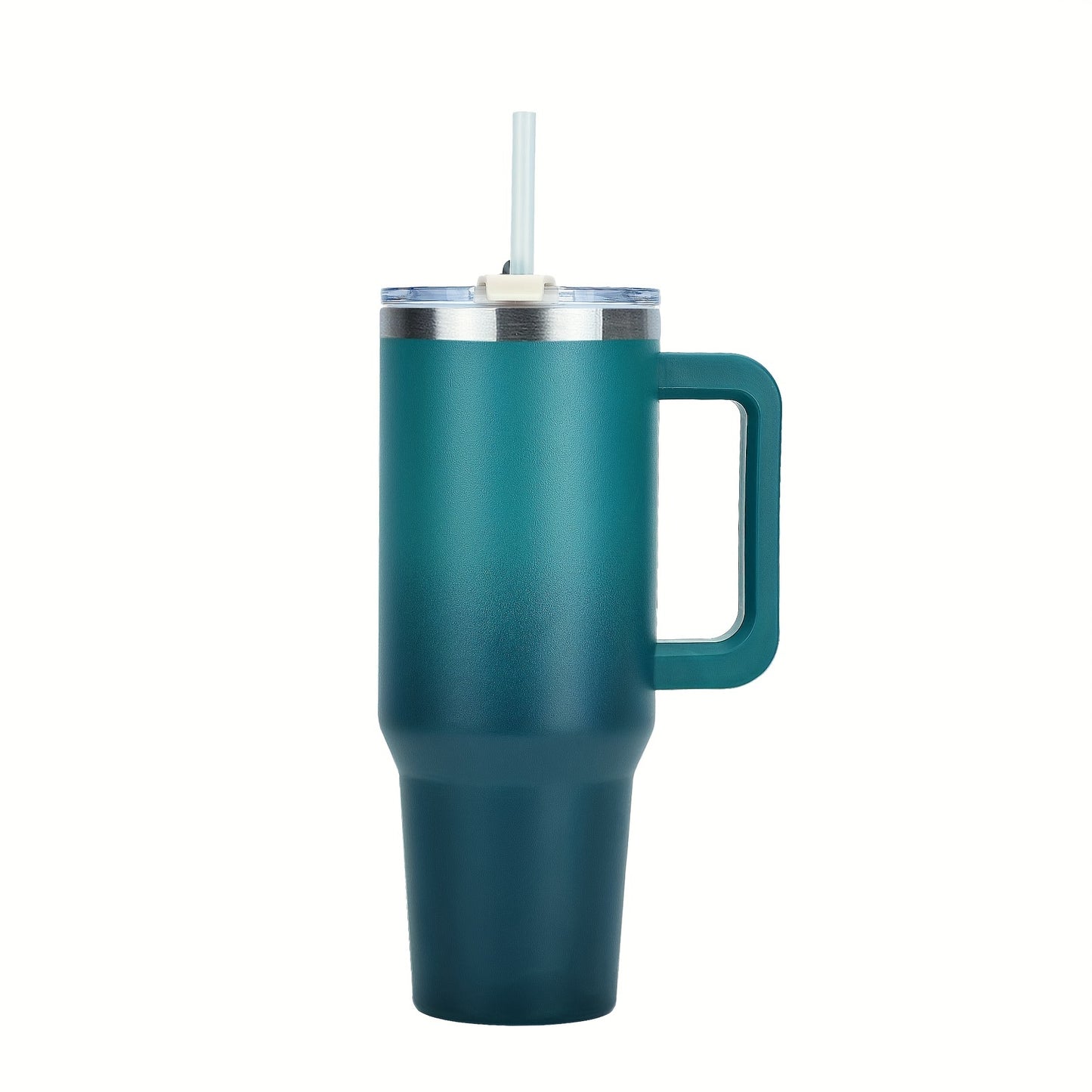 30-40 oz stainless steel vacuum tumbler with handle and straw for hot or cold beverages, includes straw.