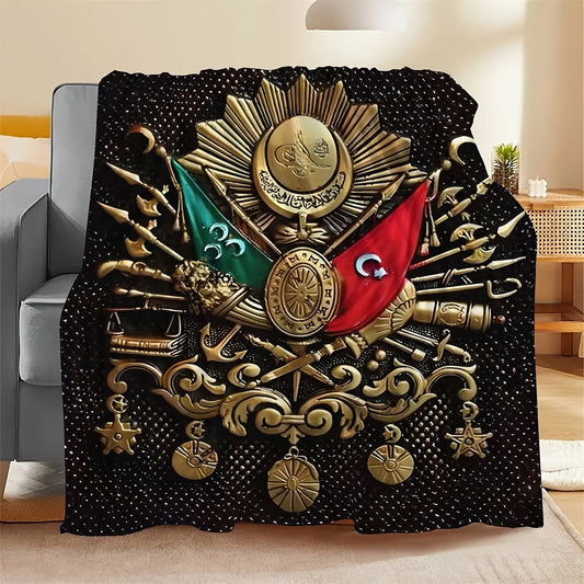 Vintage Ottoman Empire Emblem Throw Blanket - This cozy flannel fleece blanket is perfect for all seasons and can be used on the sofa, bed, or while traveling. It adds a decorative touch to any living room and is lightweight yet warm. Made from 100%