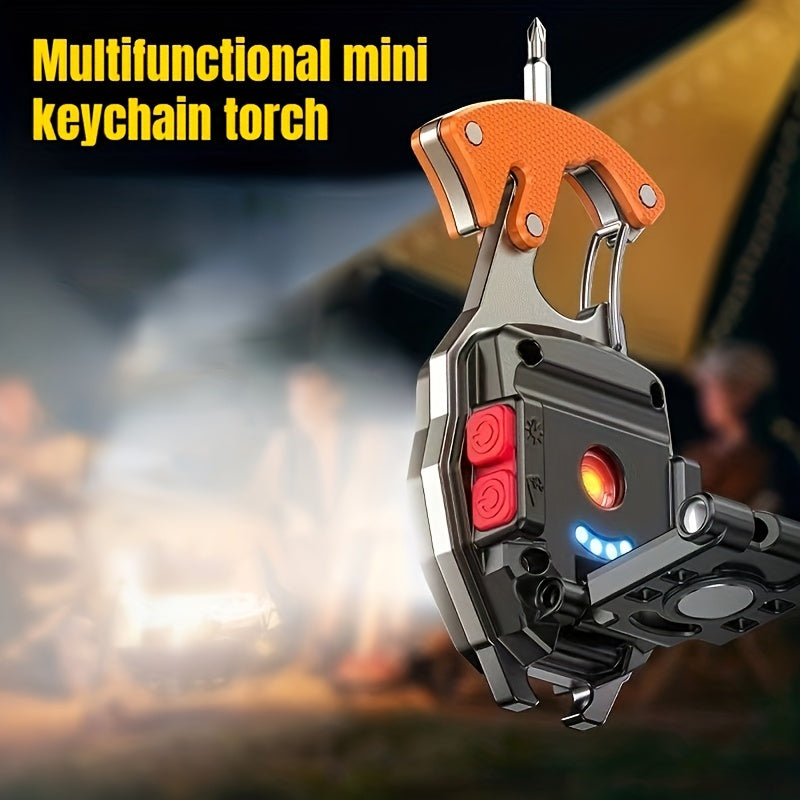 Mini keychain torch with strong light, rechargeable, includes cigarette lighter and screwdriver. Magnetic adsorption, perfect for outdoor activities like camping, fishing, and night