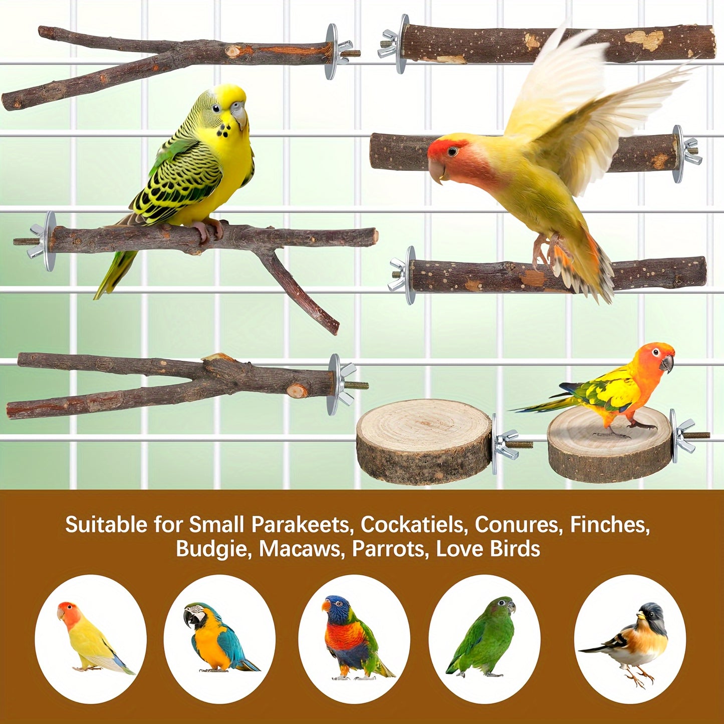 Set of 8 natural wood bird perch toys for various bird species.