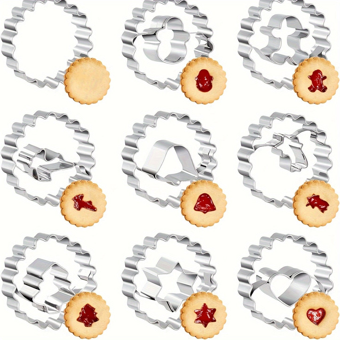 Set of 9 Stainless Steel Cookie Cutters - Ideal for Christmas & Holiday Celebrations, Comes with Jam Sandwich Molds for making Fruit Jam Cookies