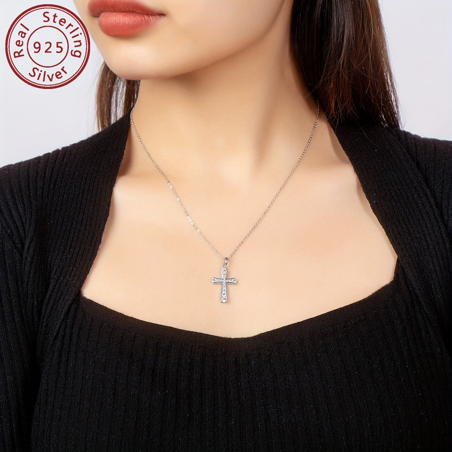 Elegant Sterling Silver Cross Pendant Necklace adorned with Synthetic zirconia Stones - Ideal for Daily Wear and Holiday Celebrations