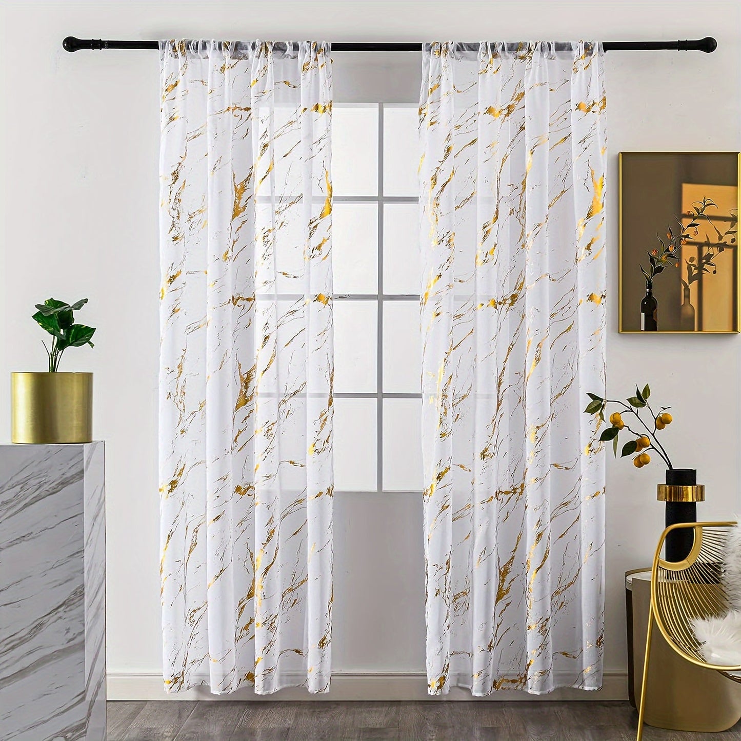 Elegant sheer curtains featuring a marble pattern print, perfect for enhancing the decor of living rooms, bedrooms, and office windows.