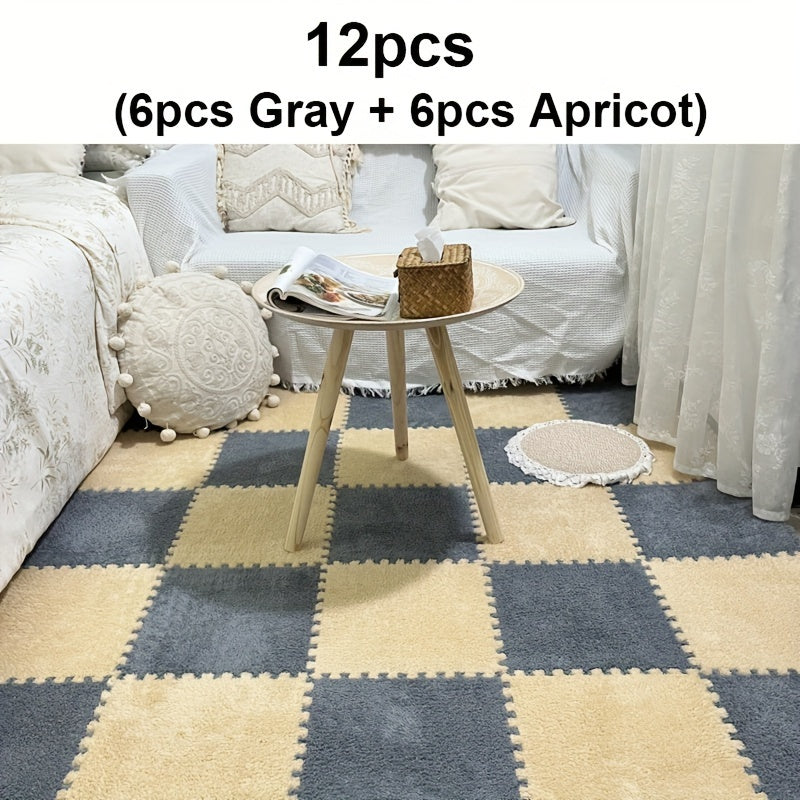 Set of 12 furry carpets for the room, featuring foam splicing that is perfect for the bedroom, living room, or any large area in the household. This mat not only provides warmth and comfort but also helps soundproof the space. Perfect for adding a cozy