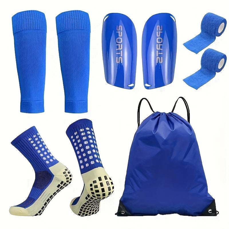 5-piece football gear set for both men and women. Includes anti-slip socks, comfortable leg sleeves, and durable sports guards. Ideal for outdoor sports like basketball and yoga. Made of