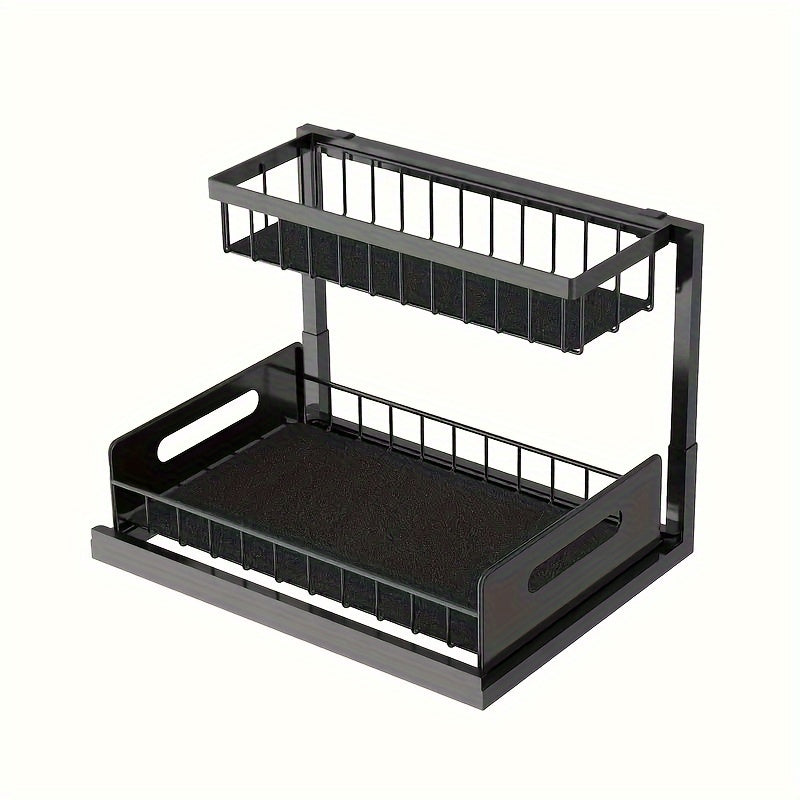 Double-Layer Pull-Out Under Sink Organizer, Carbon Steel Storage Shelf for Kitchen and Bathroom - Multi-Functional Rack for Condiments, Spices, Medicines, and Cosmetics - Available in Black/White