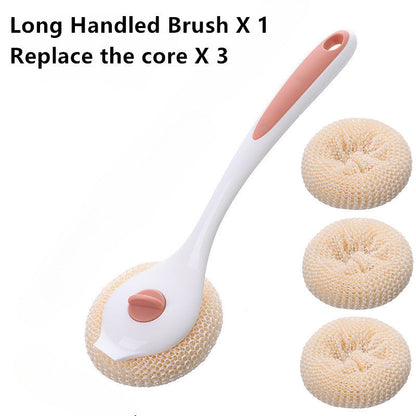 A collection of four pot cleaning tools designed to safely clean long-handled pots. Includes dish brushes, pot scrubbers, steel wool, and nano cleaning balls.