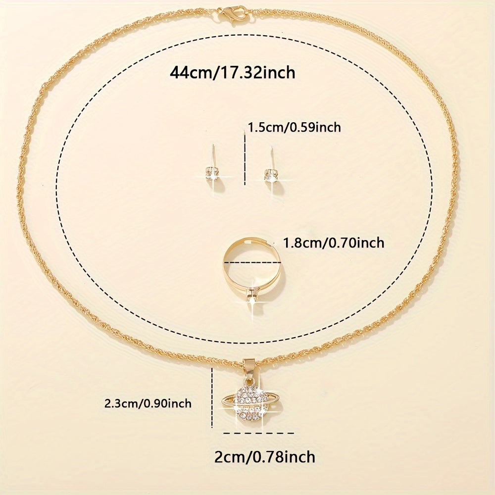 Stylish women's jewelry set includes planet pendant necklace, 2 stud earrings, and 1 ring for daily or vacation wear.