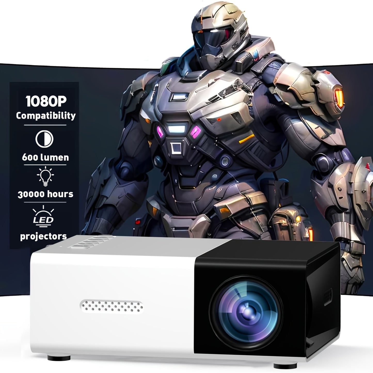 Compact ZRZTM Mini HD projector with 1080P wall projection capability and multiple ports for USB, AV, TV BOX, laptop, and SD card.