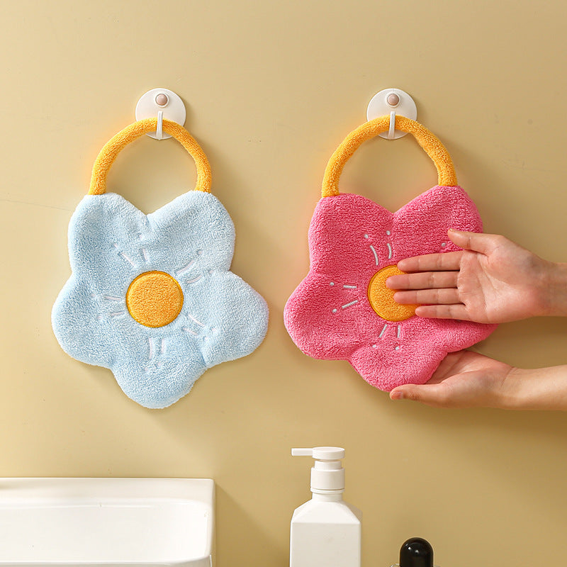 One piece of Flower Shaped Coral Fleece Hand Towel, made of quick-dry absorbent polyester for cleaning, a chemical-free woven dishcloth perfect for kitchen, bathroom, and camping use.