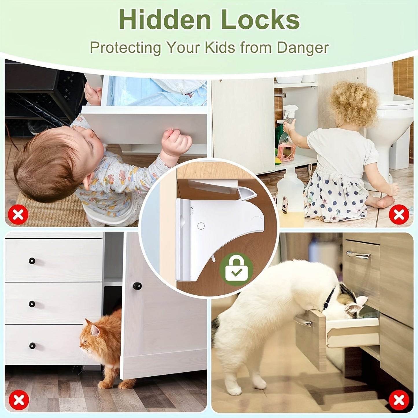 Protect your cabinets and drawers with this set of 12 safety magnetic locks, complete with 2 keys. No drilling required for installation, these locks provide childproofing and security. Easily invisible with adhesive backing, these magnetic cupboard