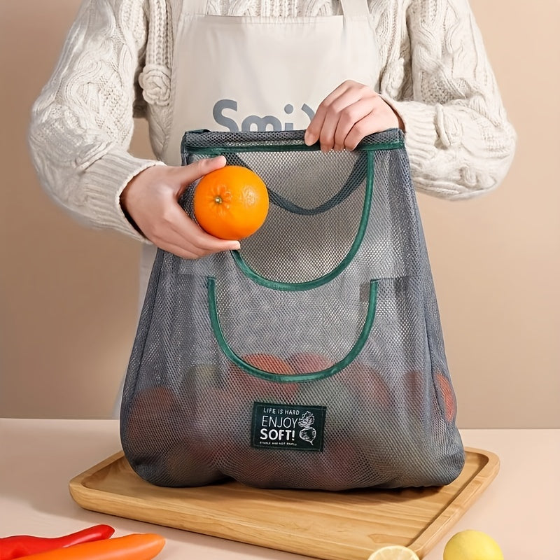 Breathable Mesh Kitchen Storage Bag for Fruits & Vegetables - Convenient Wall-Mounted Organizer with Green Handles, Made from PET Material, Perfect for Storing Ginger, Garlic, and other Produce in a Vegetable Storage Rack