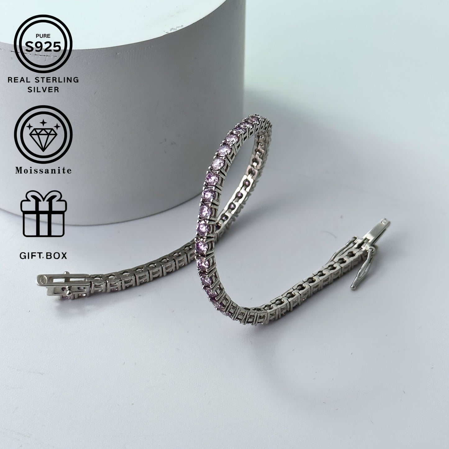 Gift this stunning S925 Silver Tennis Bracelet with a sparkling single stone in Pink/Purple/Blue Moissanite to men and women. Perfect for birthdays, Valentine's Day, weddings, and Christmas. Make brides feel extra special with this precious piece.