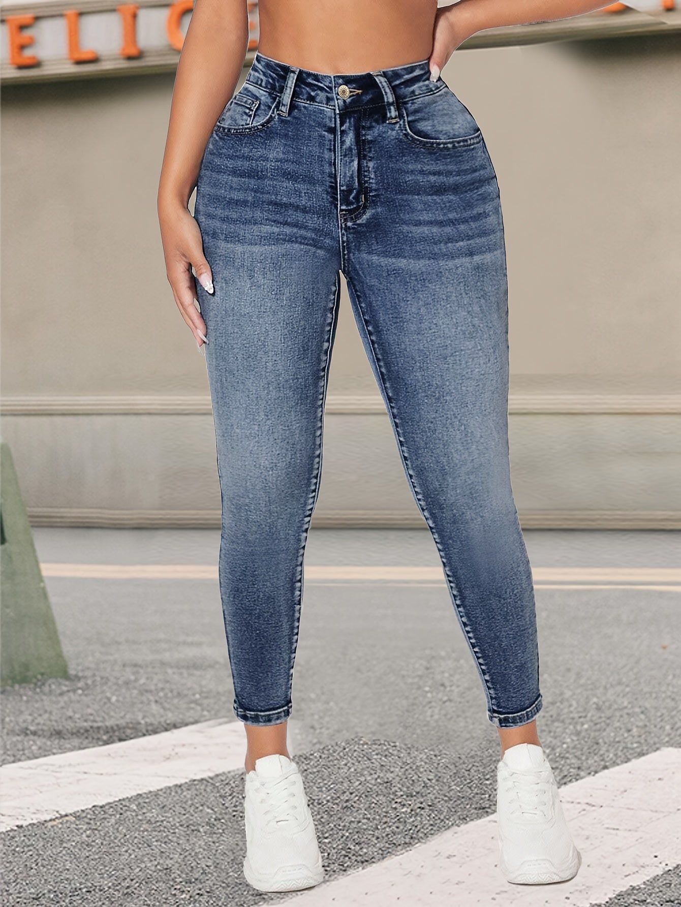 Women's Vintage Blue Stretch Skinny Jeans made with high-quality, durable denim featuring slash pockets. Suitable for all seasons.