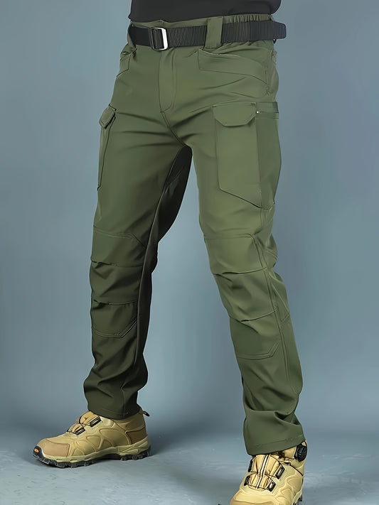 Durable polyester/spandex blend cargo pants for men with multiple pockets, machine washable, casual style