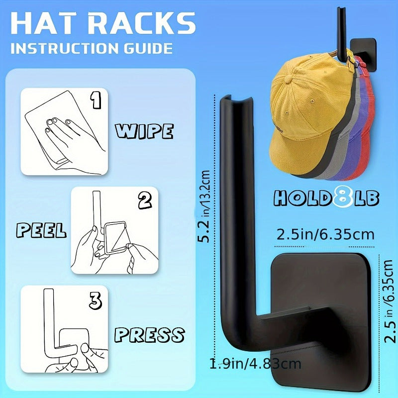 Pack of four plastic hat hooks that are self-adhesive and punch-free - they can be easily mounted on the ceiling without the need for electricity. These hooks are ideal for organizing your entryway, bathroom, or bedroom in a space-efficient manner using