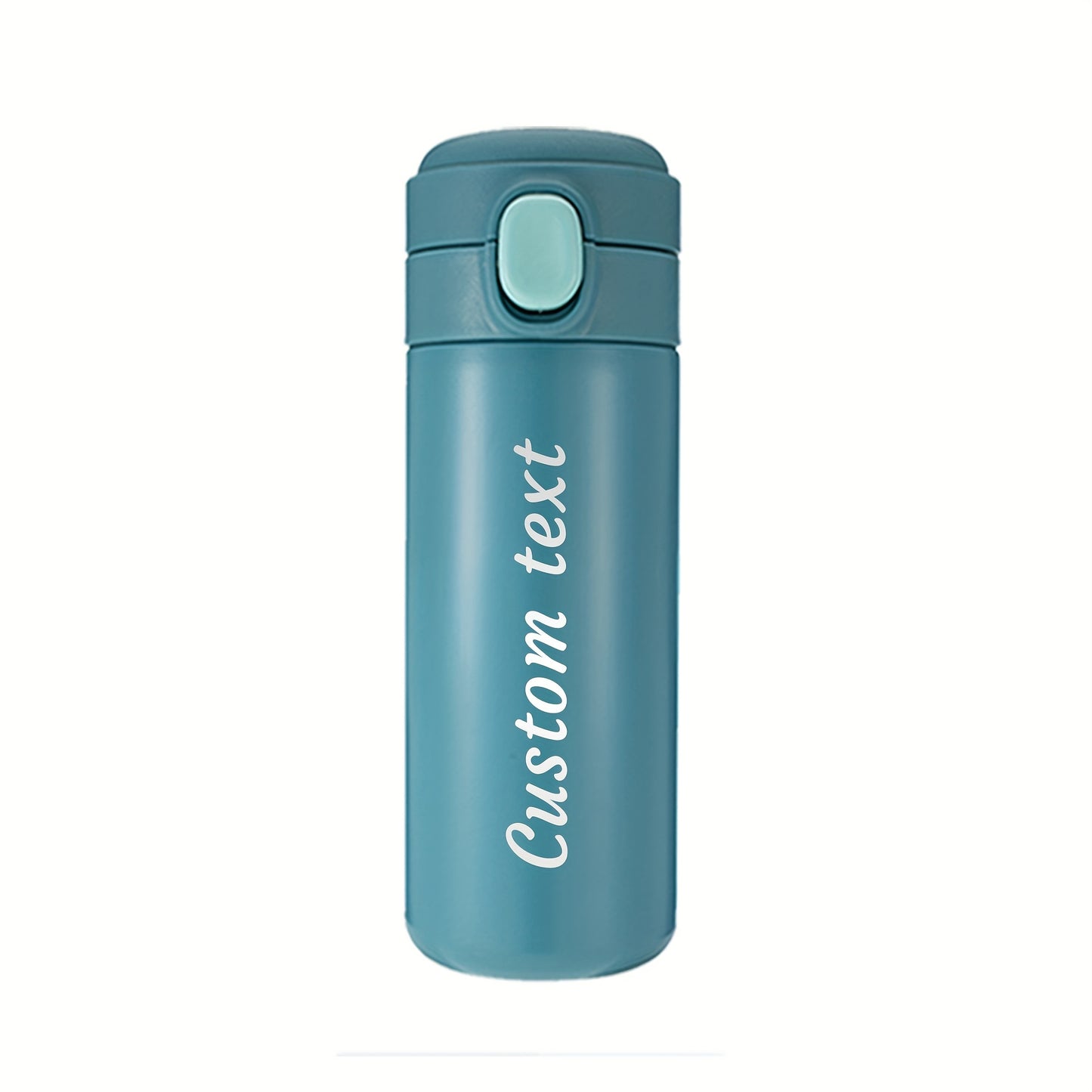 Customized stainless steel water bottle with laser-engraved text, sizes 7-320ml/11-420ml, pop-up lid for easy use, ideal for sports and travel.