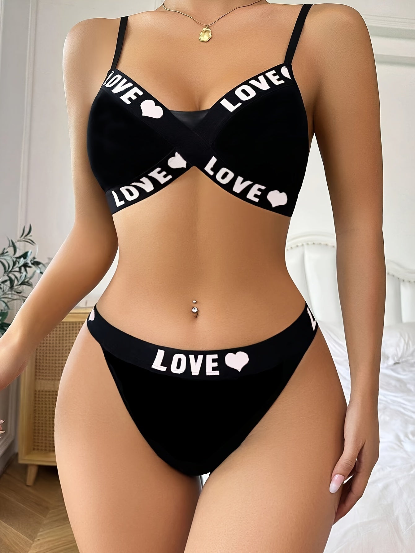 Medium-support bikini set for women with letter print, made of non-transparent knit fabric that is hand washable.