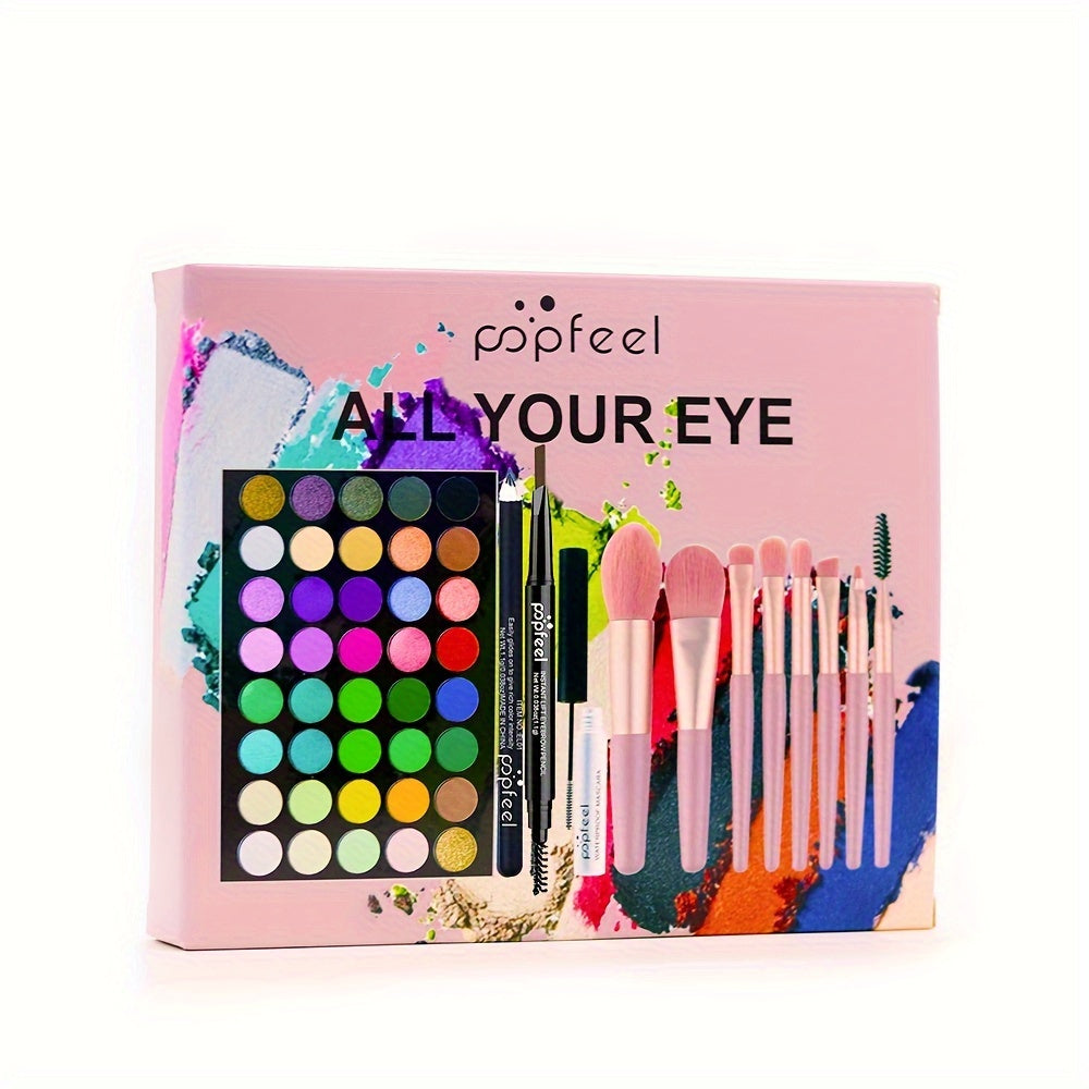 POPFEEL Eye Makeup Set including 40 Color Eyeshadow Palette, Mascara, Eyebrow Pencil, Eyeliner, and 8 Brush Set.