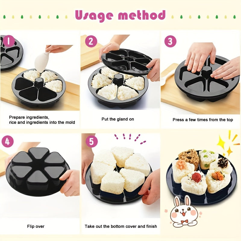 Plastic Sushi Mold Set includes 1 Pressed Rice Mold and 6-Cavity Rice Ball Bento Pressed Mold. A versatile utility mold for creating homemade sushi and bento boxes. Perfect for DIY projects and a must-have kitchen accessory for dinnerware enthusiasts.