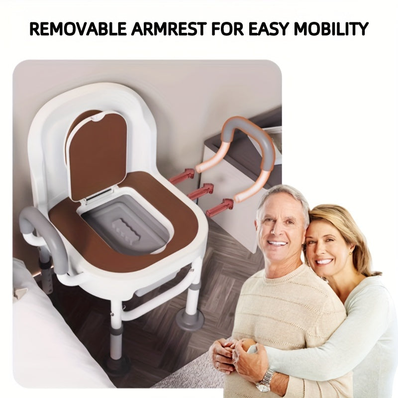 Adjustable medical toilet chair with wide seat, safety rails, and handles for elderly, pregnant women, and disabled individuals.