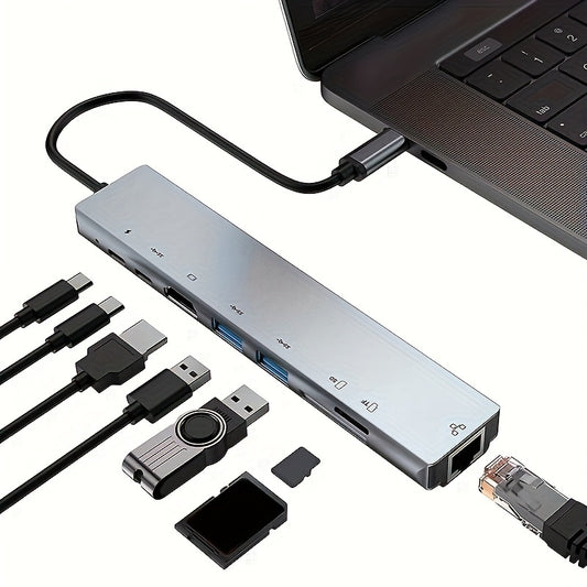 Multi-functional USB-C hub with Ethernet, HDTV, PD charging, USB splitter, and card reader features.