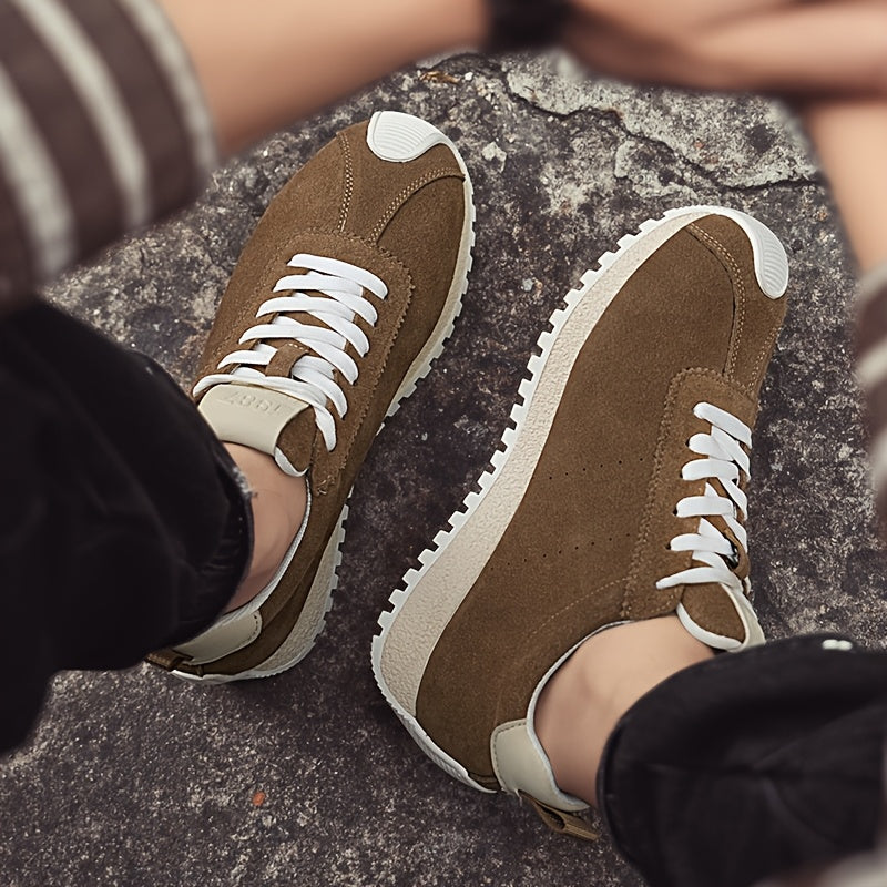 Men's vintage brown sneakers with white rubber sole, lace-up, round toe - durable and comfortable for various occasions.