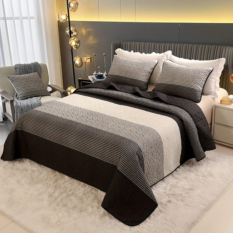 3-piece brushed bedspread set in black, grey, and white stripes, includes 1 bedspread and 2 pillowcases. Soft, warm, and quilted, suitable for bedroom and guest room decor. Core not