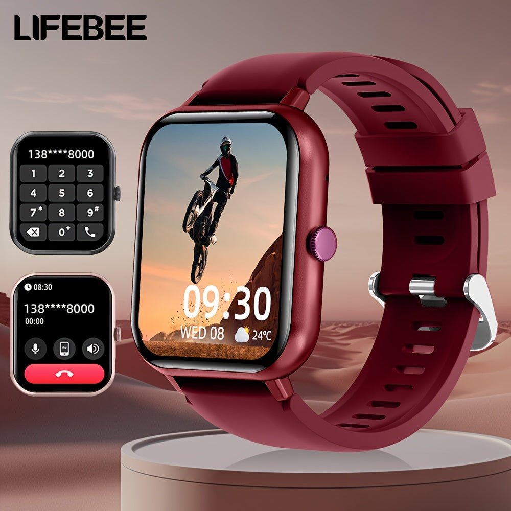 LifeBee Smartwatch: Full screen, call function, 100+ exercise modes, pedometer, calorie tracker, rechargeable, black & pink colors.