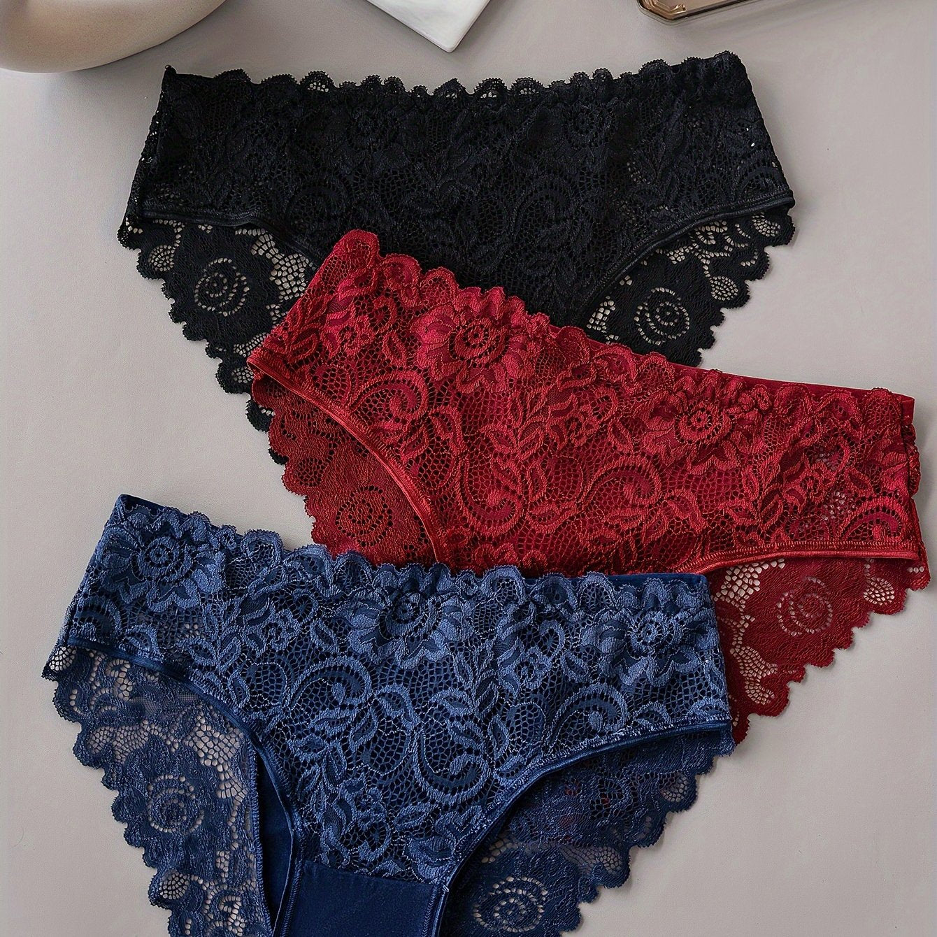 3 solid lace briefs, comfortable and breathable, perfect for women's lingerie and underwear.