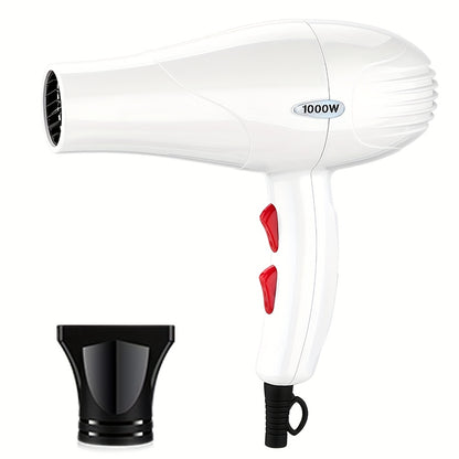 A 1000W hair dryer with a non-foldable handle, European plug, 1.5-3m cord, plastic construction, and nozzle attachment ideal for dorm use.