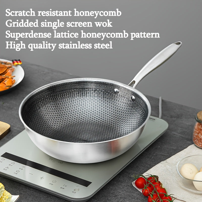 A must-have for home cooking, this high-quality stainless steel wok features a unique honeycomb design that is uncoated and non-stick. Perfect for use on gas stoves, induction cookers, and more, this versatile wok is lightweight and ensures a minimal