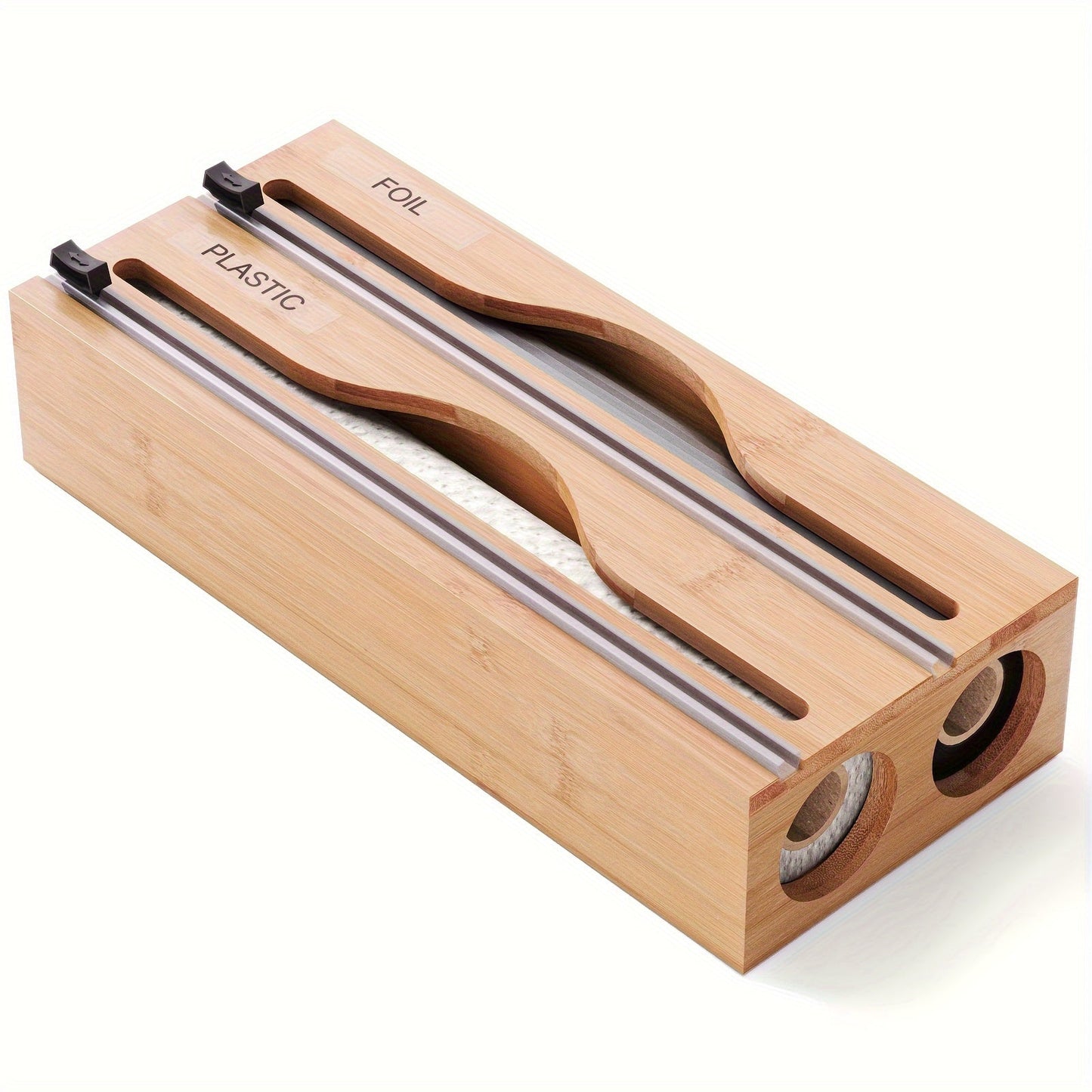 Bamboo 2-in-1 Kitchen Wrap Dispenser with Slide Cutter and Dual Slots Storage Organizer for Plastic Film, Suitable for Kitchen Drawer, Cabinet, Shelf, and Counter. Ideal for Organizing Kitchen Accessories and Storage.