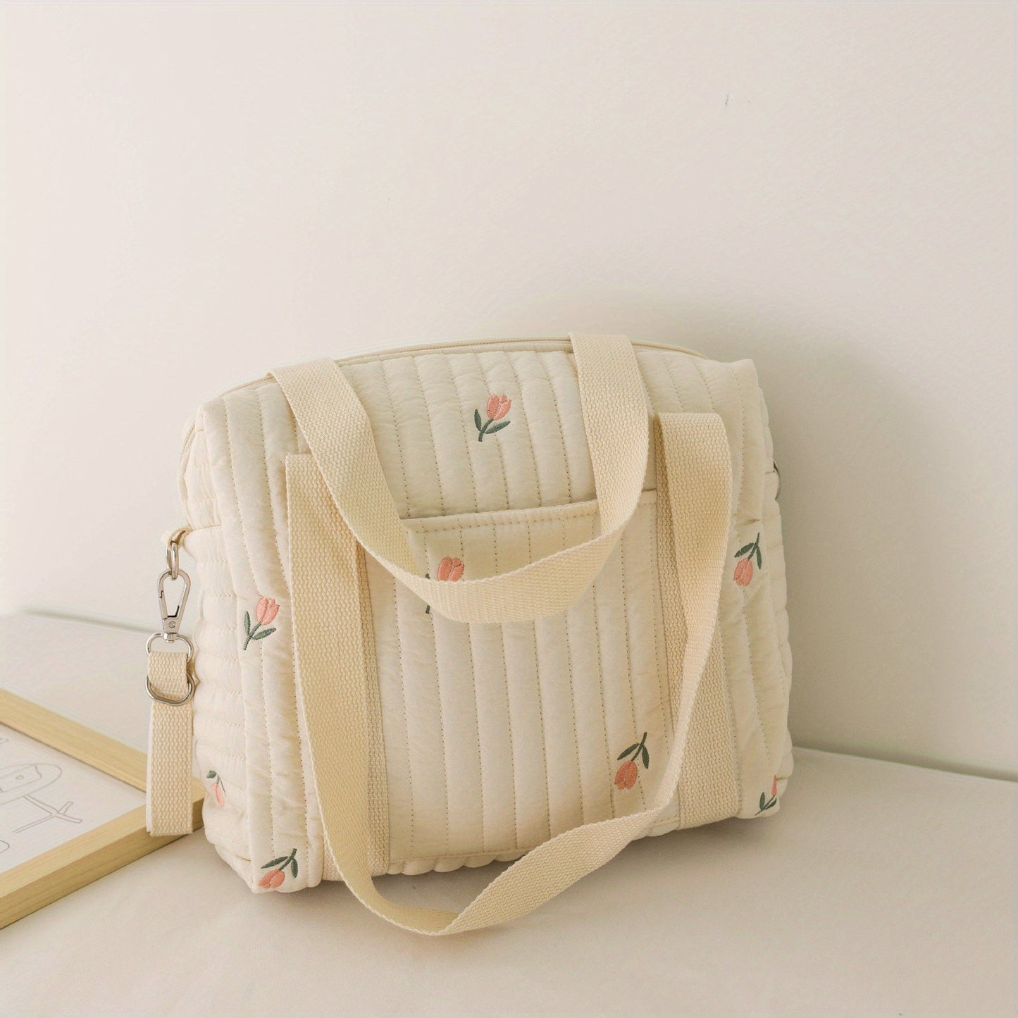 Baby Diaper Bag with Embroidered Beige Cotton Fabric, Spacious Zipper Closure, Ideal for Traveling Parents - Large Stroller Organizer, Multi-Functional Tote Bag for Baby Boys and Girls