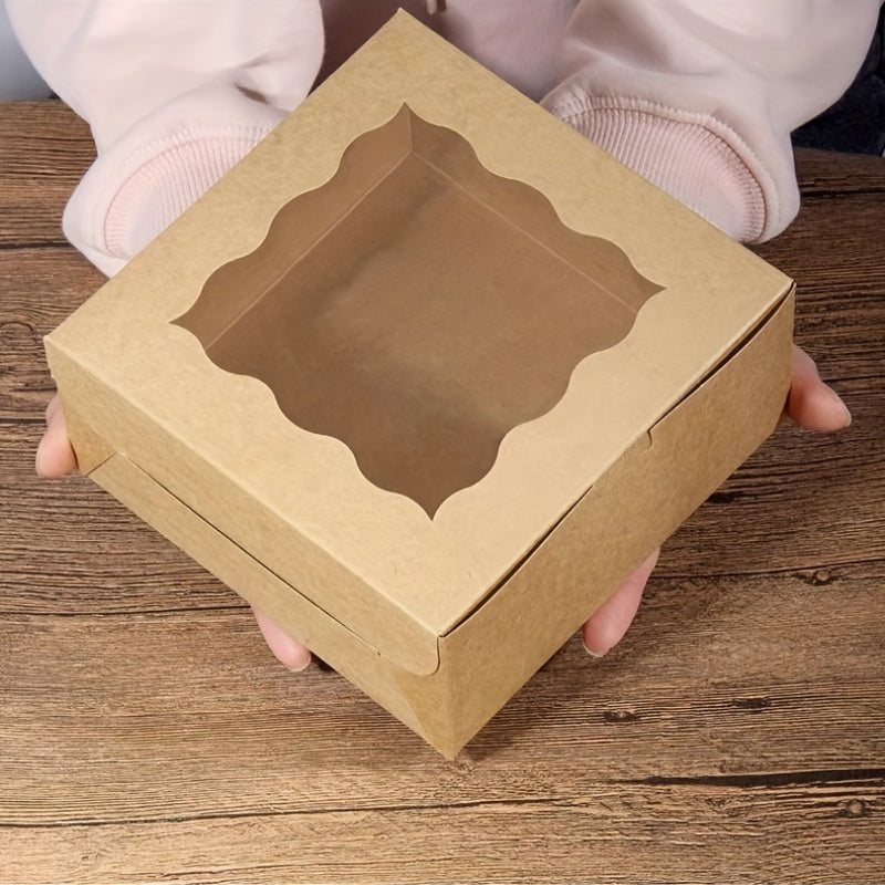 Box of 30 brown bakery boxes with windows, perfect for packing cookies, cakes, and macarons. These disposable paper bread containers have a square flip top design, ideal for packaging desserts and supporting small businesses.