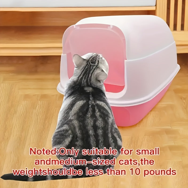 Enclosed cat litter box with integrated scoop, leak-proof and odor-control, ideal for small to medium cats - white & gray, 45.21cm W x 35.0cm D.