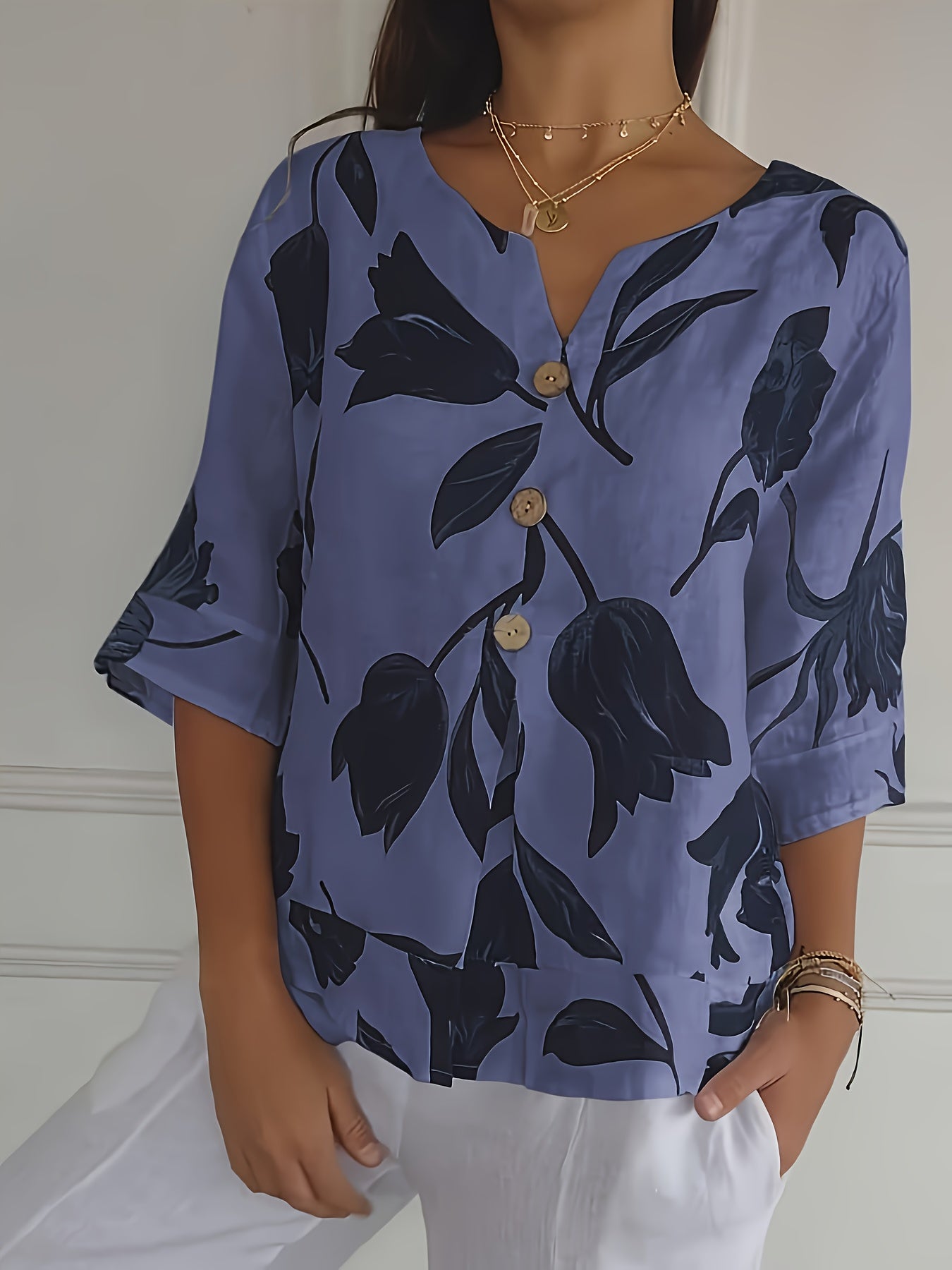 Print Plus Size Floral V-Neck Blouse with Button Detail - Casual Half Sleeve, Non-Stretch Polyester Blend for Women.